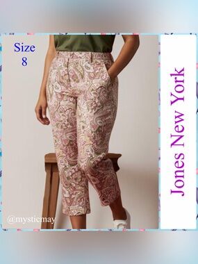 Women JONES NEW YORK Pink Paisley Print Cropped Stretch Capri Pants Size 8 / M